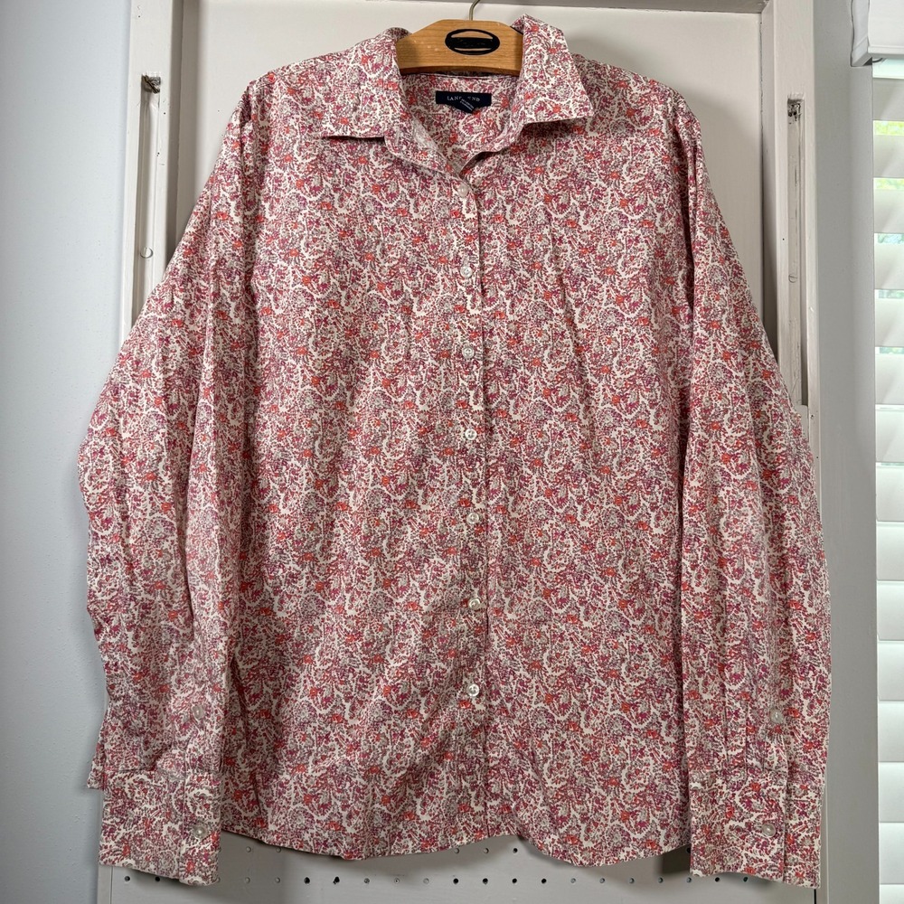 Lands' End No Iron Shirt Women's Coral Red Floral Long Sleeve Button Up - 18